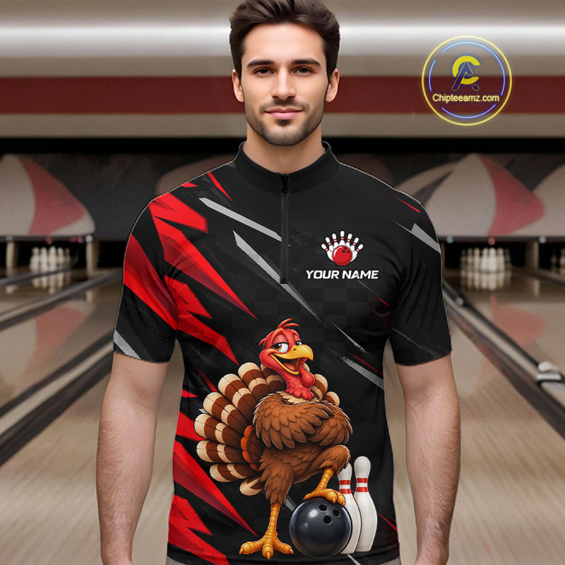 Custom Black & Red Funny Turkey Bowling Shirt for Men Thanksgiving Bowling Jersey QZT1337
