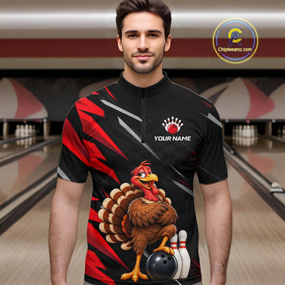 Custom Black & Red Funny Turkey Bowling Shirt for Men Thanksgiving Bowling Jersey QZT1337