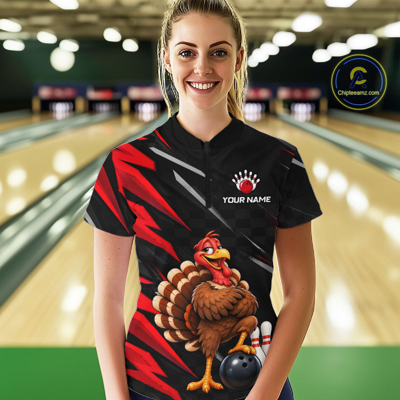 Custom Black & Red Funny Turkey Bowling Shirt for Women Thanksgiving Bowling Jersey QZT1337