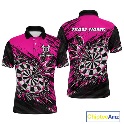 Custom Pink Black Grunge Darts Shirt for Men Dartboard Jersey Polo & 1/4 Zip DHT114