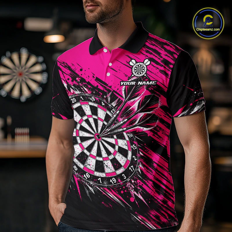 Custom Pink Black Grunge Darts Shirt for Men Dartboard Jersey Polo & 1/4 Zip DHT114
