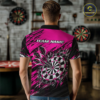 Custom Pink Black Grunge Darts Shirt for Men Dartboard Jersey Polo & 1/4 Zip DHT114