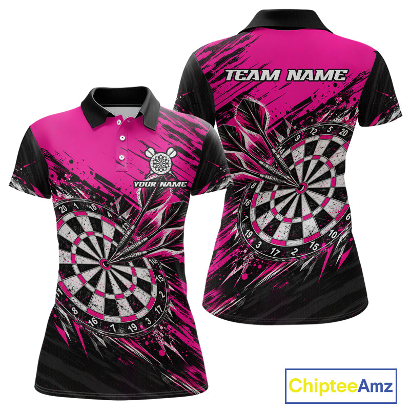 Custom Pink Black Grunge Darts Shirt for Women Dartboard Jersey Polo & 1/4 Zip DHT114
