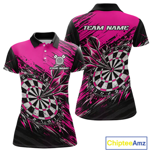 Custom Pink Black Grunge Darts Shirt for Women Dartboard Jersey Polo & 1/4 Zip DHT114