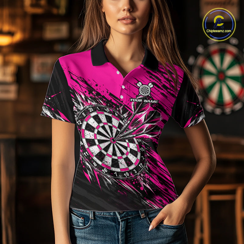 Custom Pink Black Grunge Darts Shirt for Women Dartboard Jersey Polo & 1/4 Zip DHT114