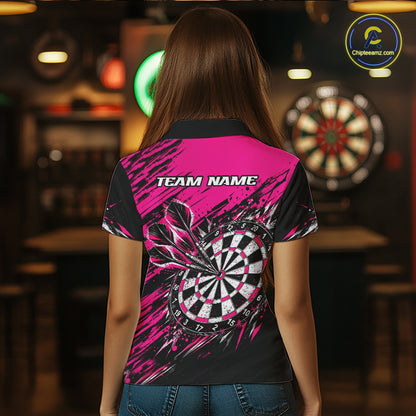 Custom Pink Black Grunge Darts Shirt for Women Dartboard Jersey Polo & 1/4 Zip DHT114