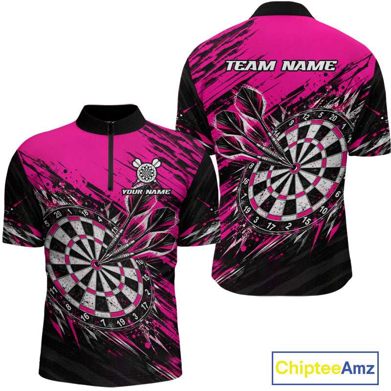 Custom Pink Black Grunge Darts Shirt for Men Dartboard Jersey Polo & 1/4 Zip DHT114