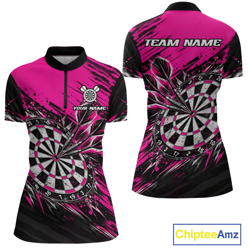 Custom Pink Black Grunge Darts Shirt for Women Dartboard Jersey Polo & 1/4 Zip DHT114