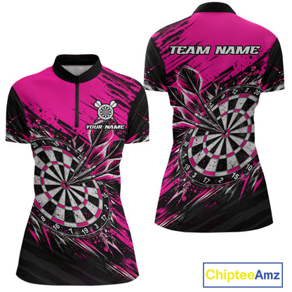 Custom Pink Black Grunge Darts Shirt for Women Dartboard Jersey Polo & 1/4 Zip DHT114
