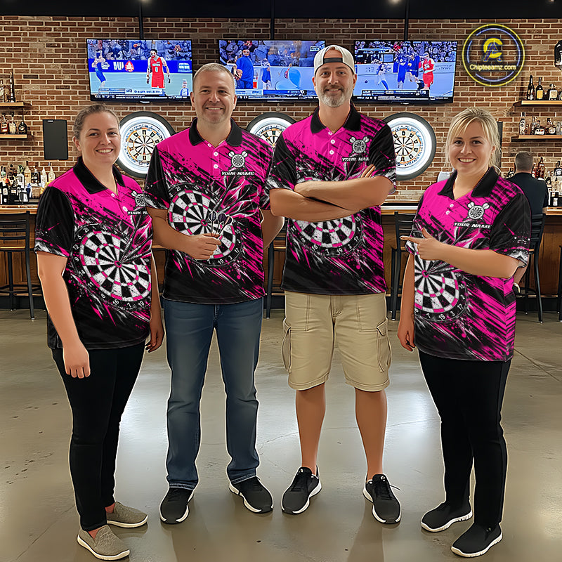 Custom Pink Black Grunge Darts Shirt for Men Dartboard Jersey Polo & 1/4 Zip DHT114