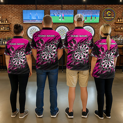 Custom Pink Black Grunge Darts Shirt for Men Dartboard Jersey Polo & 1/4 Zip DHT114