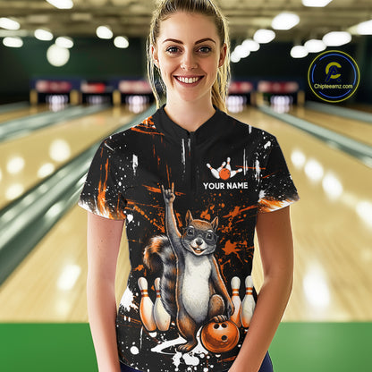 Custom Orange Funny Squirrel Bowling Shirt for Women Bowling Team League Polo & Quarter-Zip QZT982
