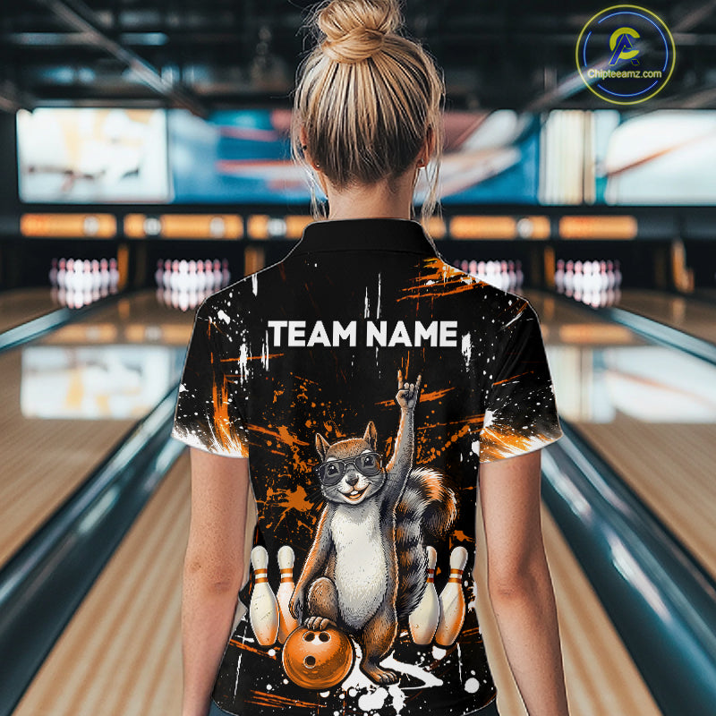 Custom Orange Funny Squirrel Bowling Shirt for Women Bowling Team League Polo & Quarter-Zip QZT982
