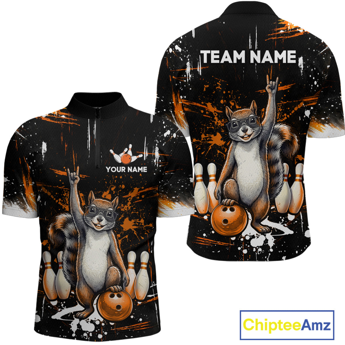 Custom Orange Funny Squirrel Bowling Shirt for Men Bowling Team League Polo & 1/4-Zip Bowling Outfit QZT982