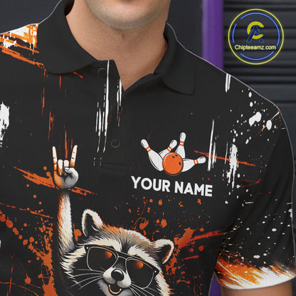Orange Funny Raccoon Bowling Team Shirt Customized Bowling League Polo & 1/4 Zip Gift for Men QZT852