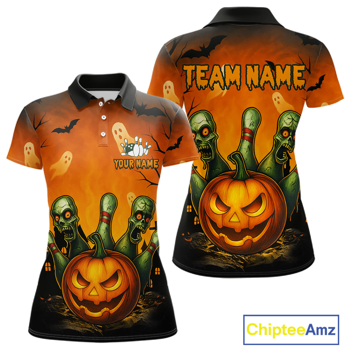 Halloween-themed polo shirt with pumpkins and zombies design, customizable text on an orange and black background.