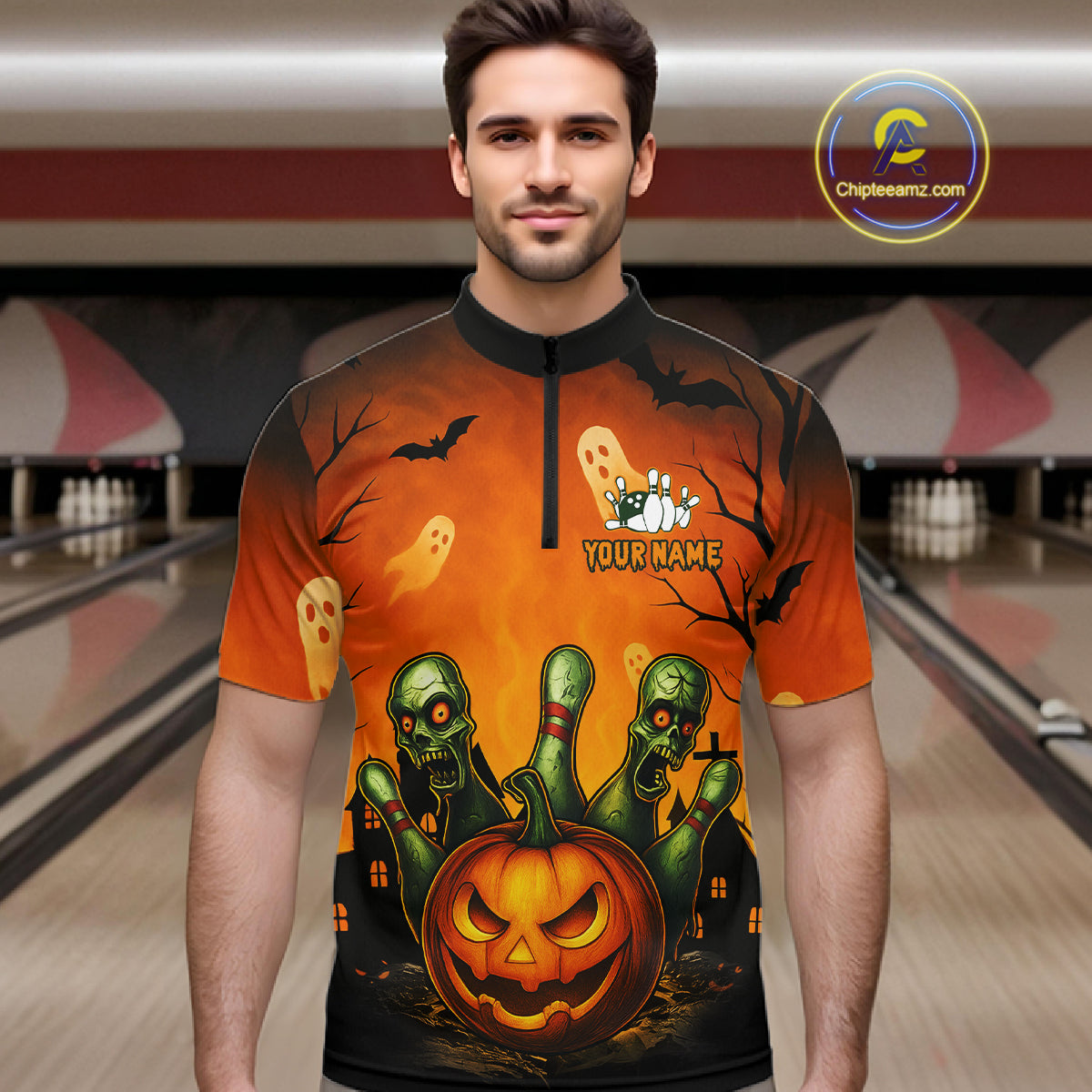 Man wearing a Halloween-themed shirt with pumpkins and ghosts in a bowling alley.