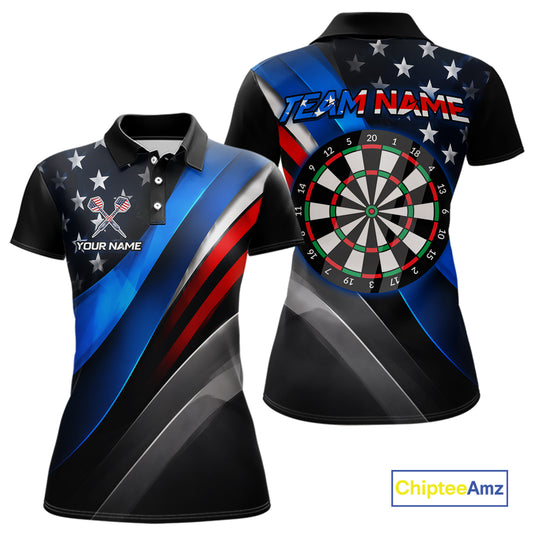 Front and back view of a custom dart polo shirt featuring a patriotic dartboard graphic with red, blue, and silver diagonal stripes, personalized team name and player name.