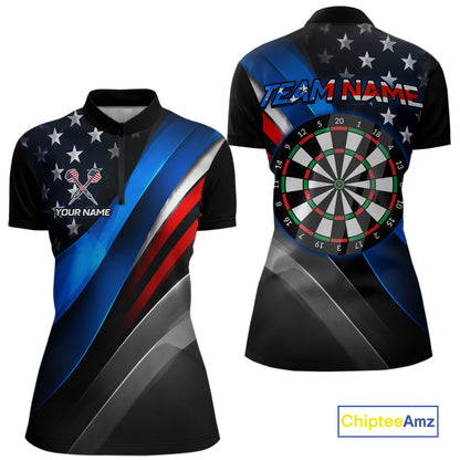 Front and back view of a custom dart quarter zip featuring a patriotic dartboard graphic with red, blue, and silver diagonal stripes, personalized team name and player name.