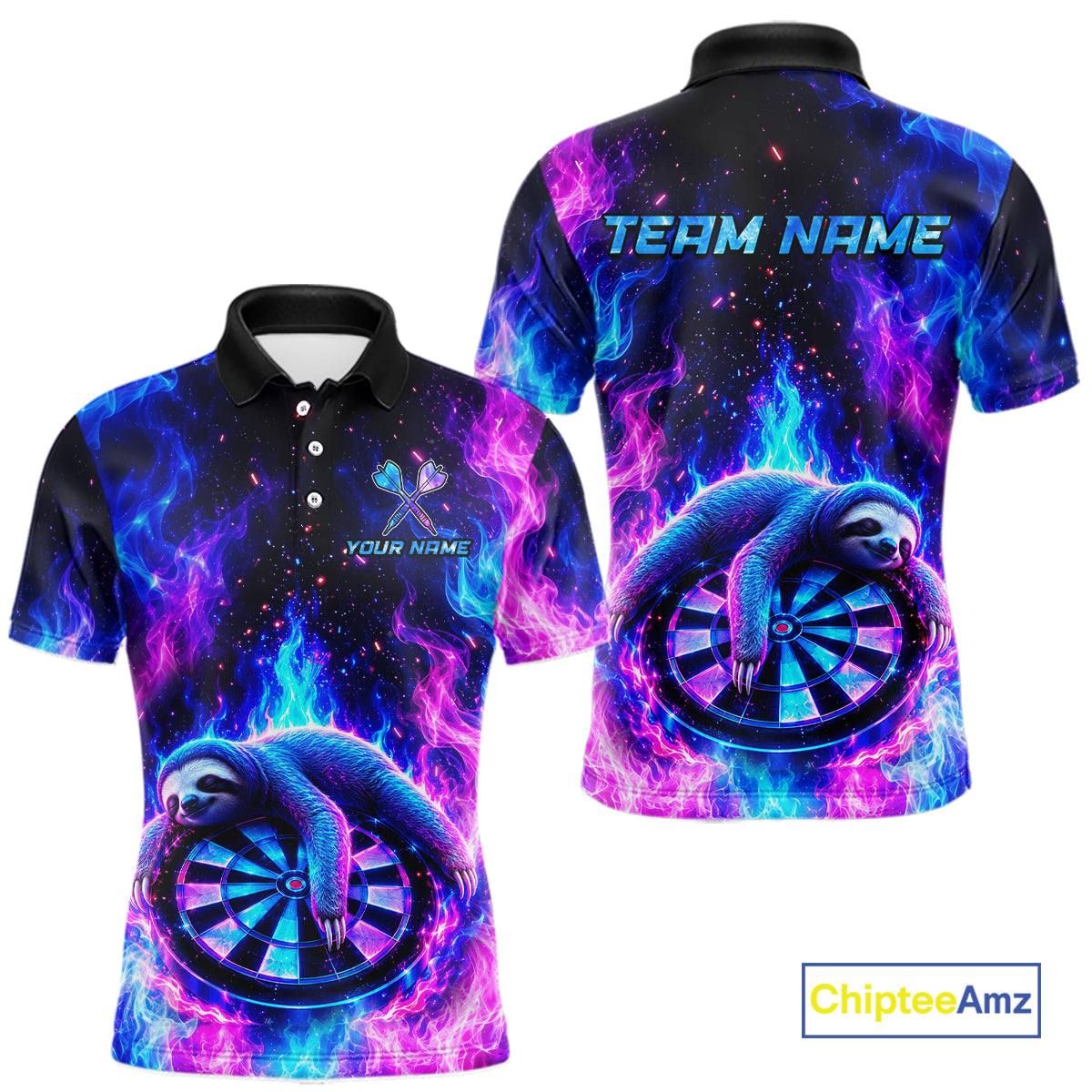 Front and back views of a short-sleeve polo shirt featuring a vibrant cosmic nebula design in blue, purple, and pink, with a coiled snake wrapping around a dartboard. The front has a small custom bird logo and placeholder text 'YOUR NAME', while the back displays 'TEAM NAME' in blue.
