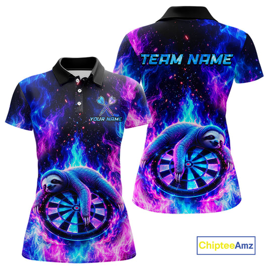 Front and back view of a custom galaxy dart polo shirt featuring a neon sloth holding a dartboard with glowing blue and purple cosmic artwork, personalized team name and player name.