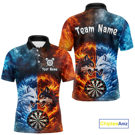 Front and back view of a custom fire and ice wolf dart polo shirt featuring a fierce wolf, a flaming dartboard, and blue icy flames, personalized team name and player name.