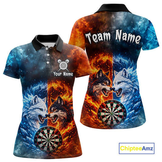 Front and back view of a custom fire and ice wolf dart polo shirt featuring a fierce wolf, a flaming dartboard, and blue icy flames, personalized team name and player name.