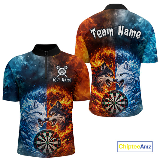 Front and back view of a custom fire and ice wolf dart quarter zip featuring a fierce wolf, a flaming dartboard, and blue icy flames, personalized team name and player name.