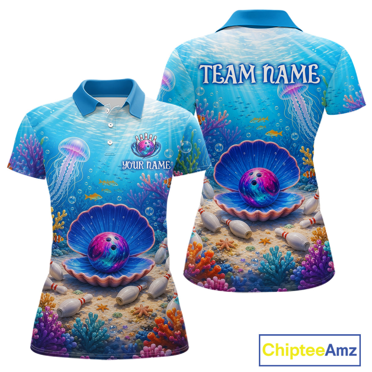 Colorful polo shirt with ocean-themed design and customizable text on a white background