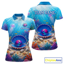 Load image into Gallery viewer, Colorful polo shirt with ocean-themed design and customizable text on a white background