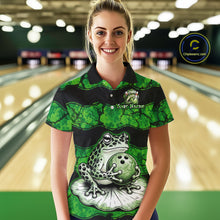 Load image into Gallery viewer, A woman wearing a green and black striped polo shirt with a frog and bowling ball graphic, standing in a bowling alley. The shirt has 'Your Name' printed on the chest and a circular 'Chileteamz.