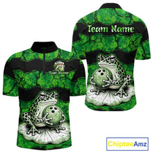 Load image into Gallery viewer, Custom short-sleeve bowling-themed quarter-zip jersey shown from the front and back. The shirt features a green and black marbled pattern with a large graphic of a green and black frog holding a bowling ball on a white lotus pad.