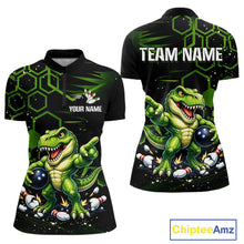 Load image into Gallery viewer, Front and back views of a black short-sleeve quarter-zip jersey featuring a green cartoon dinosaur graphic, white hexagonal patterns, and customizable text placeholders 'YOUR NAME' and 'TEAM NAME'.