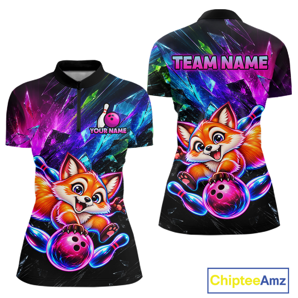 Custom Colorful Funny Fox Bowling Shirt for Women Team Bowling Jersey Polo & 1/4-Zip QZT1339