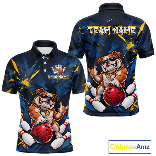 Custom Navy & Yellow Funny Bulldog Bowling Shirt for Men Bowling Jersey QZT1340
