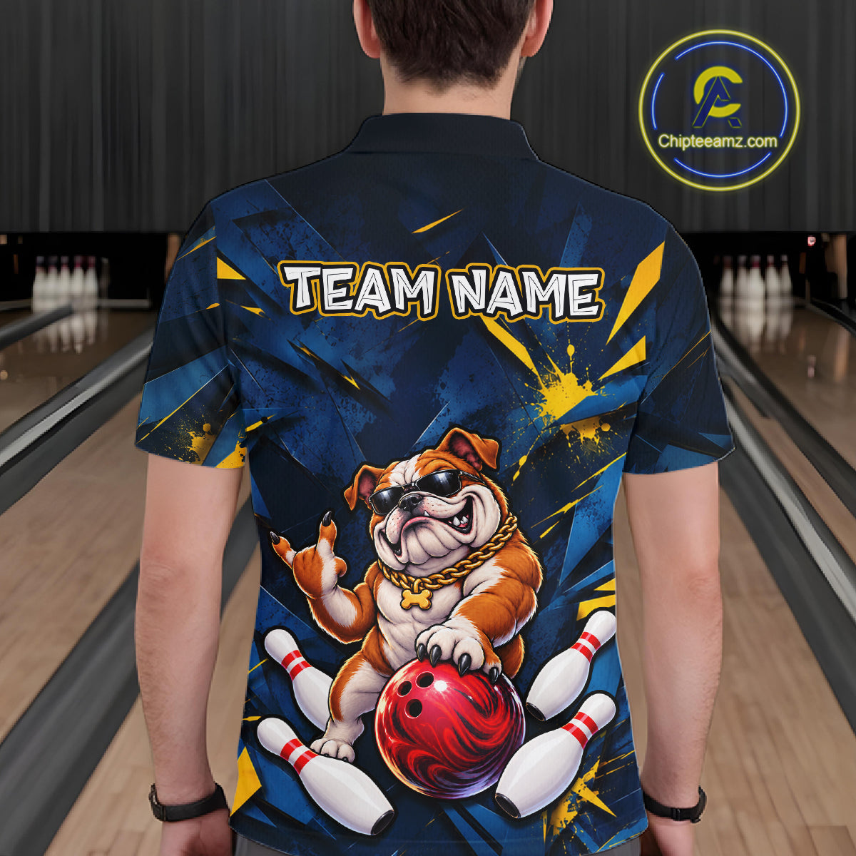 Custom Navy & Yellow Funny Bulldog Bowling Shirt for Men Bowling Jersey QZT1340