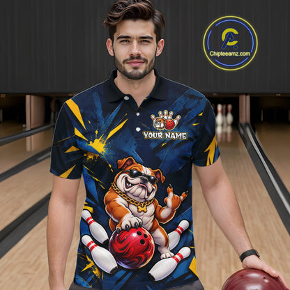 Custom Navy & Yellow Funny Bulldog Bowling Shirt for Men Bowling Jersey QZT1340