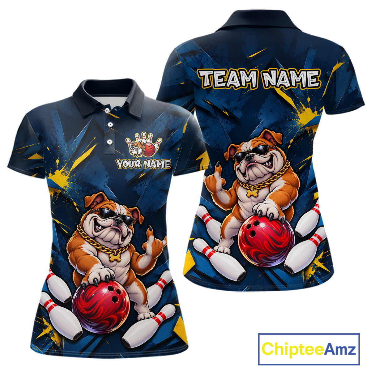 Custom Navy & Yellow Funny Bulldog Bowling Shirt for Women Bowling Jersey QZT1340