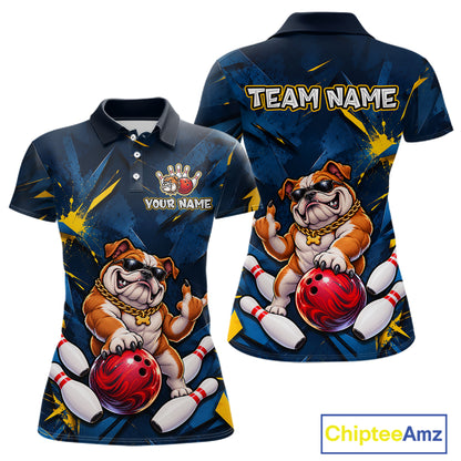 Custom Navy & Yellow Funny Bulldog Bowling Shirt for Women Bowling Jersey QZT1340