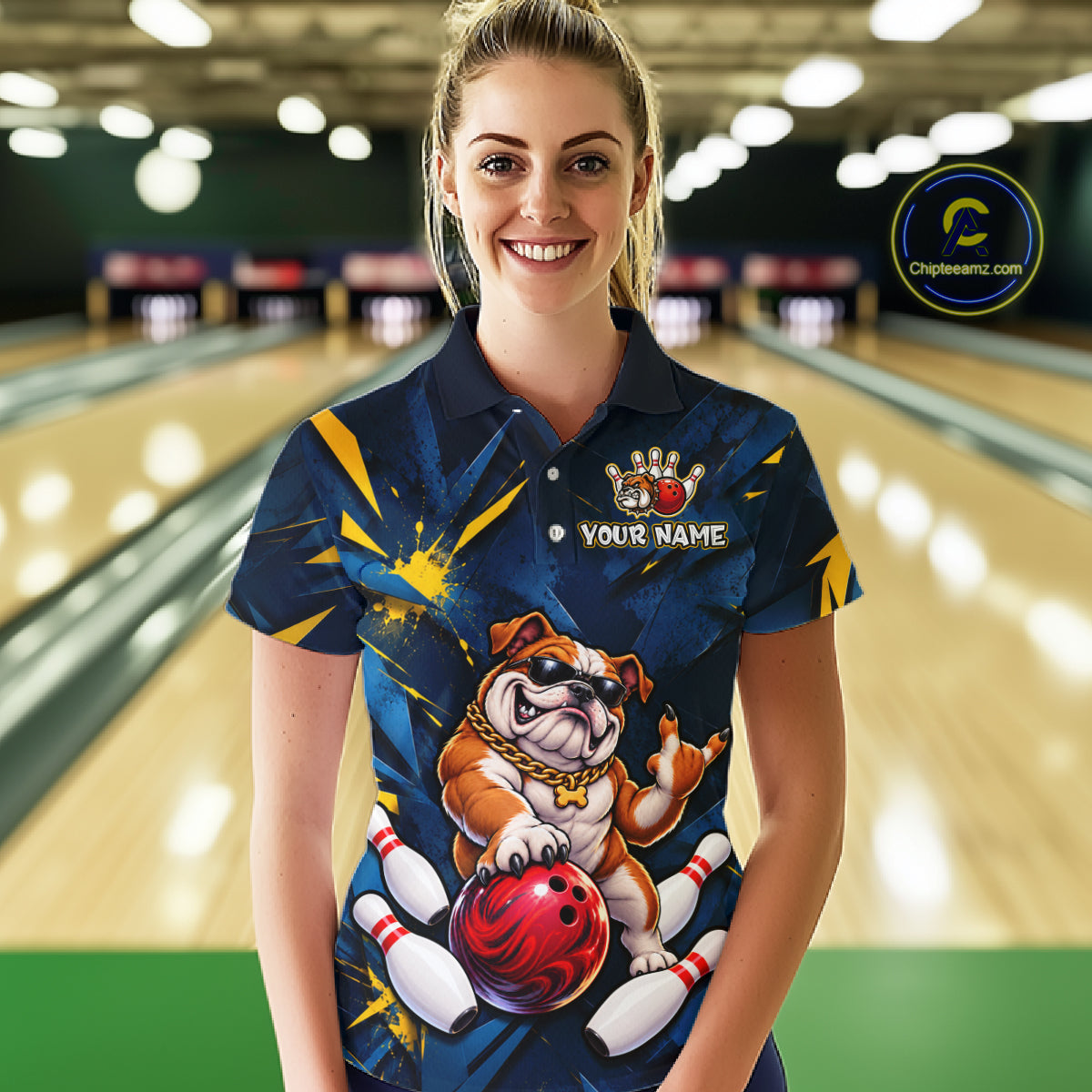 Custom Navy & Yellow Funny Bulldog Bowling Shirt for Women Bowling Jersey QZT1340