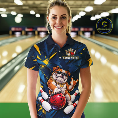 Custom Navy & Yellow Funny Bulldog Bowling Shirt for Women Bowling Jersey QZT1340