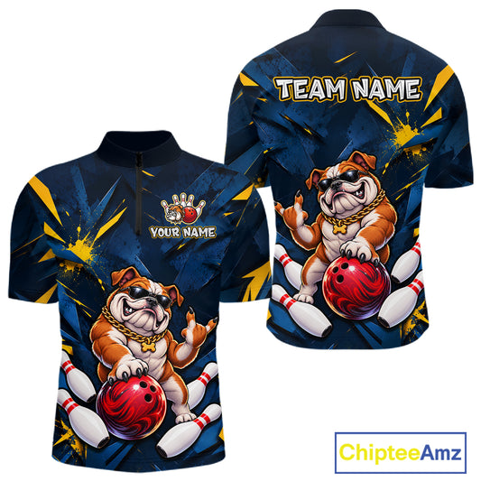 Custom Navy & Yellow Funny Bulldog Bowling Shirt for Men Bowling Jersey QZT1340
