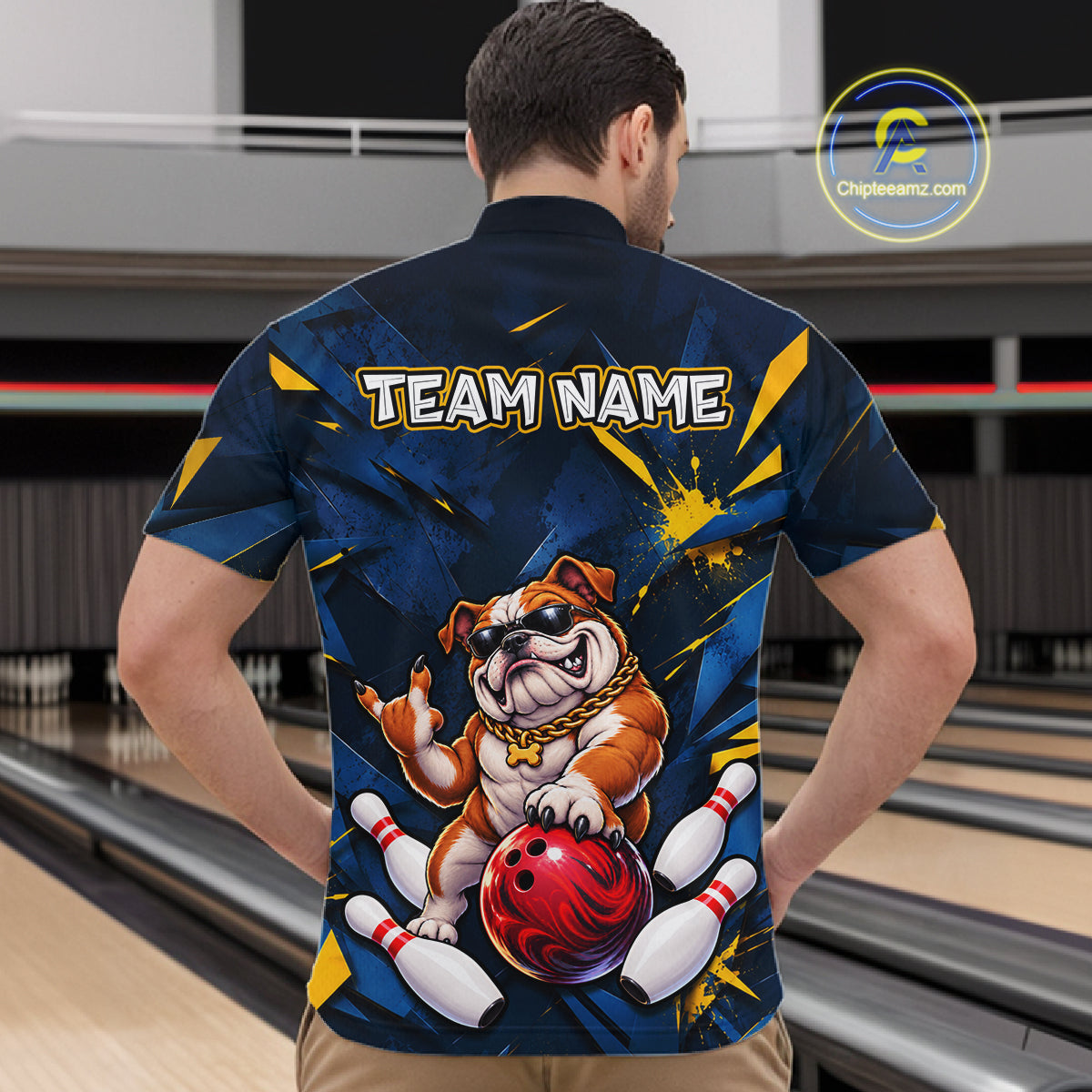 Custom Navy & Yellow Funny Bulldog Bowling Shirt for Men Bowling Jersey QZT1340