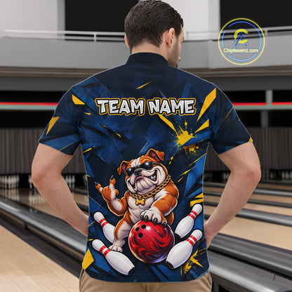 Custom Navy & Yellow Funny Bulldog Bowling Shirt for Men Bowling Jersey QZT1340