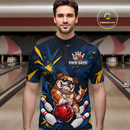 Custom Navy & Yellow Funny Bulldog Bowling Shirt for Men Bowling Jersey QZT1340