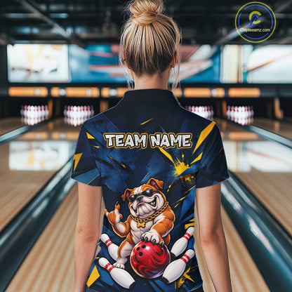 Custom Navy & Yellow Funny Bulldog Bowling Shirt for Women Bowling Jersey QZT1340