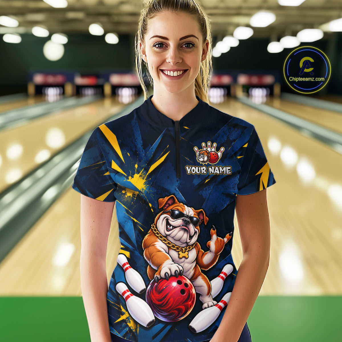 Custom Navy & Yellow Funny Bulldog Bowling Shirt for Women Bowling Jersey QZT1340