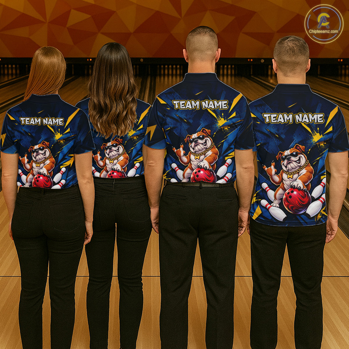 Custom Navy & Yellow Funny Bulldog Bowling Shirt for Men Bowling Jersey QZT1340