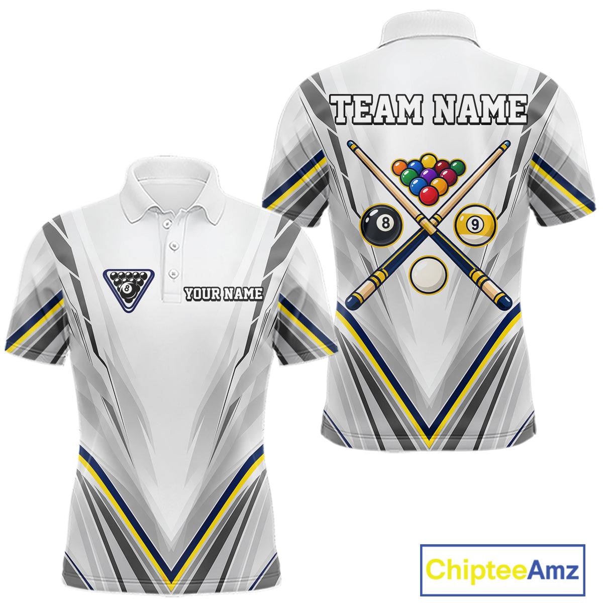 Custom Navy & Yellow Billiard Shirt for Men 10 8 Ball & 9 Ball Pool Billiard Jersey Polo & Quarter-Zip BHT151