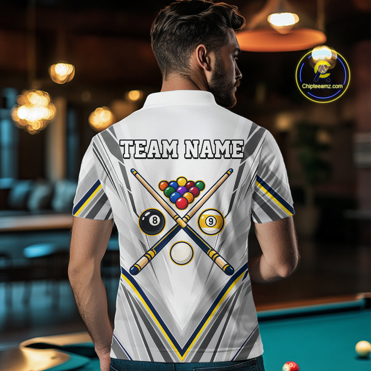 Custom Navy & Yellow Billiard Shirt for Men 10 8 Ball & 9 Ball Pool Billiard Jersey Polo & Quarter-Zip BHT151